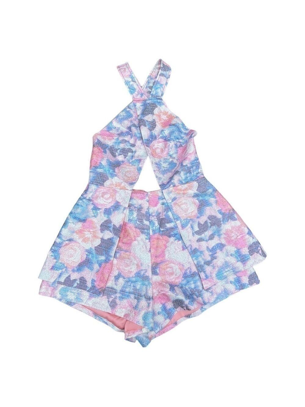 NASTY Gal floral shiny jacquard cut out halter romper shorts  Sz S - Picture 3 of 11